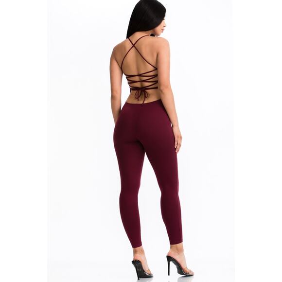 Criss-cross open back bodycon jumpsuit (Burgundy)-Large - Picture 3 of 4
